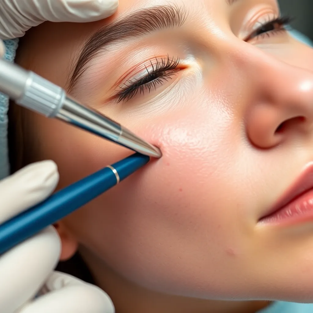 Focused view of acne treatment being performed on a patient's face, emphasizing targeted therapy.