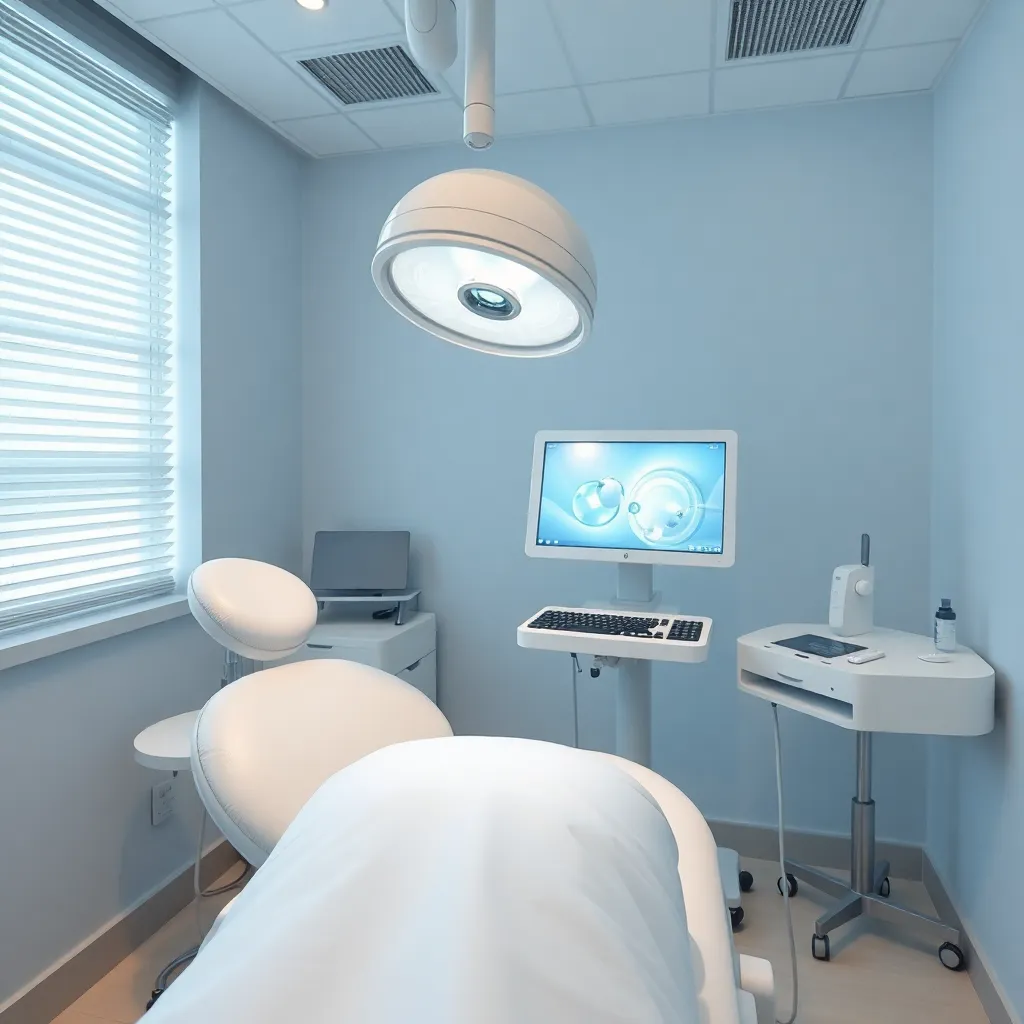 Advanced laser therapy equipment in use for skin treatment in a contemporary clinic setting, showcasing modern technology.