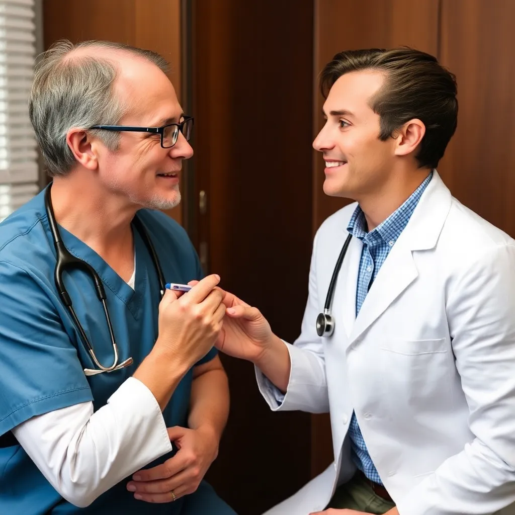 Dermatologist and patient discussing hair health and treatment options during a consultation, illustrating hair care services.