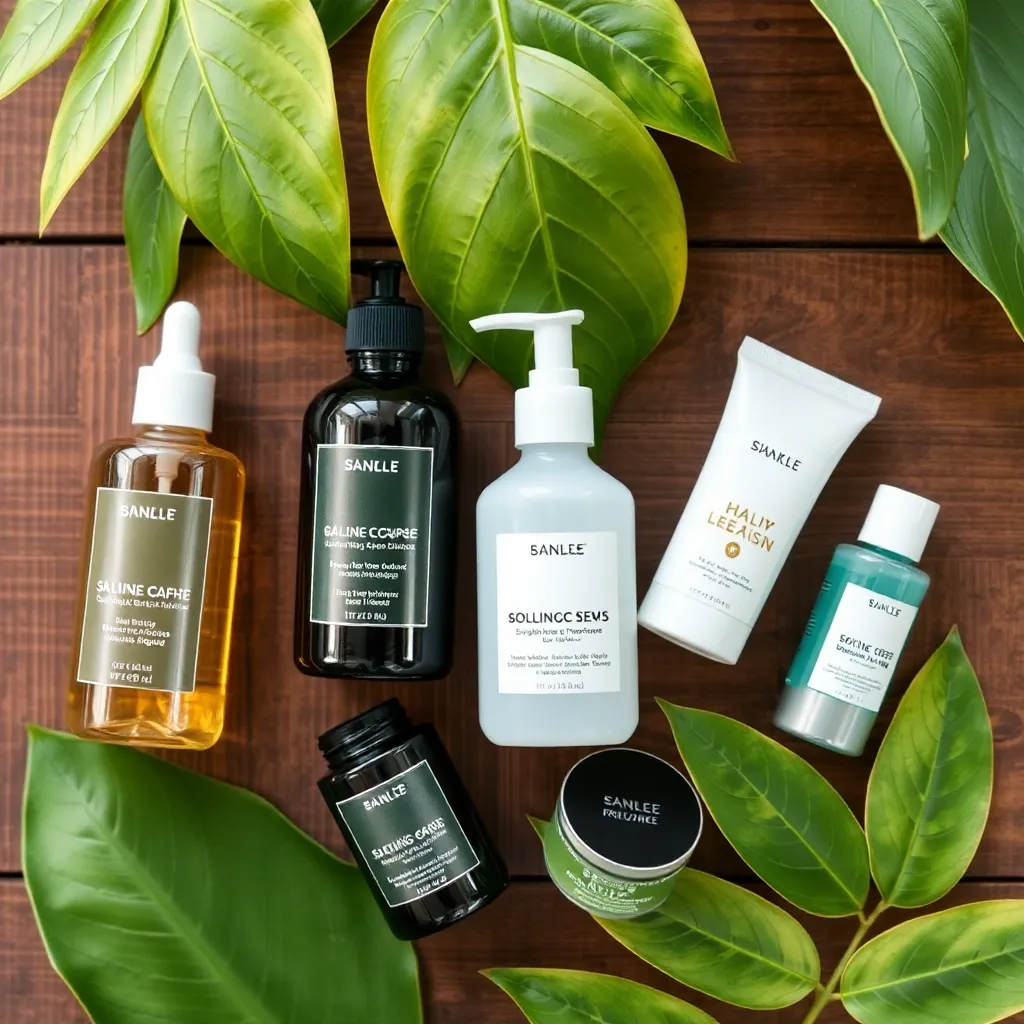 High-quality natural skin care products elegantly arranged on a wooden table with botanical elements, emphasizing organic ingredients.