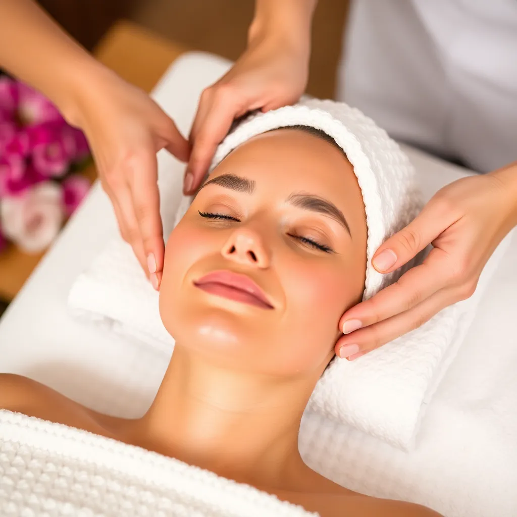 Woman receiving a relaxing facial treatment with gentle massage, illustrating skin rejuvenation services.